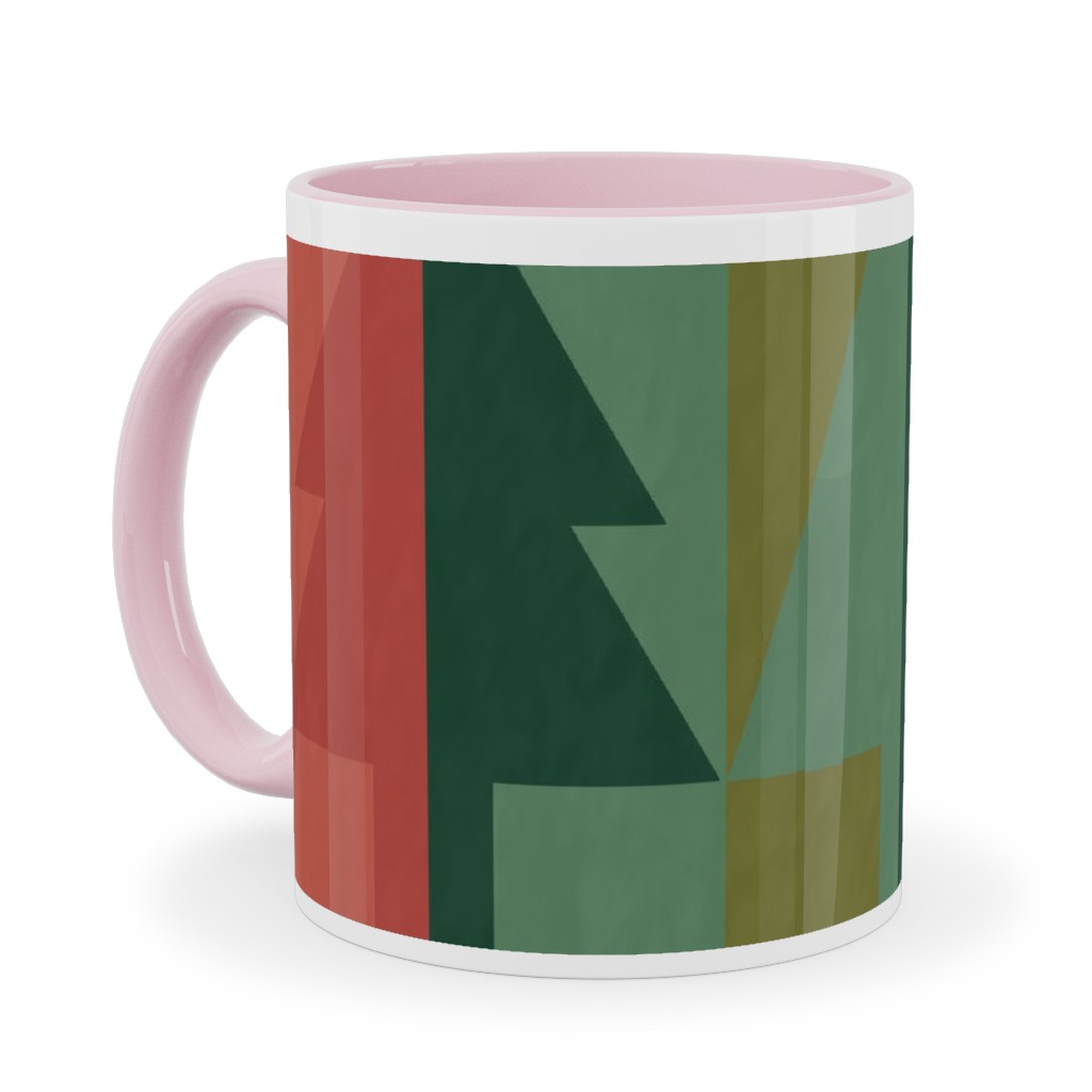 Geometric Forest - Red and Green Ceramic Mug, Pink, , 11oz, Green, Classic Green