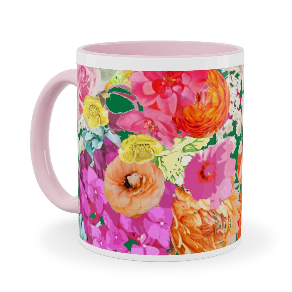 Summer Bright Floral - Kelly Green Ceramic Mug, Pink, , 11oz, Pink, Bright Pink