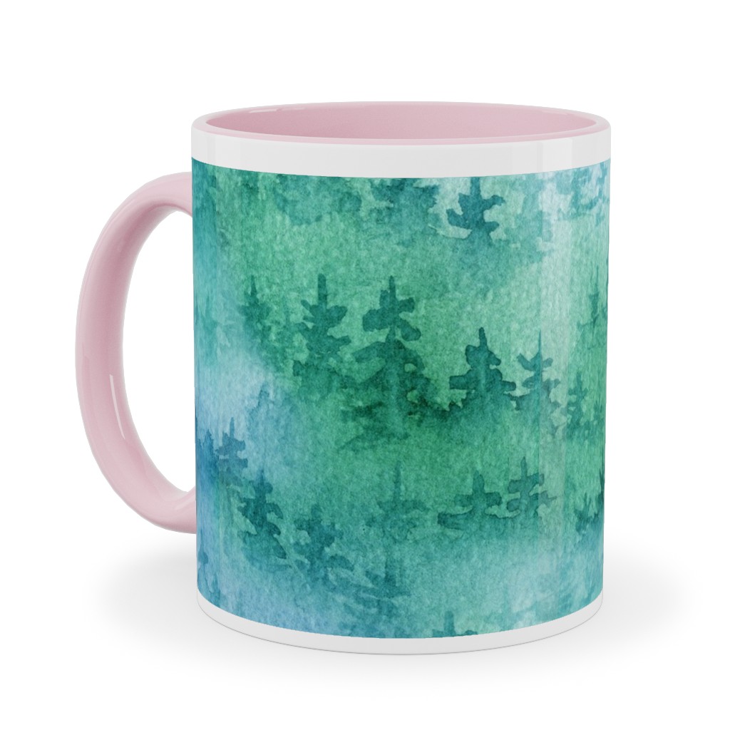 Watercolor Forest - Green and Blue Ceramic Mug, Pink, , 11oz, Green, Classic Green