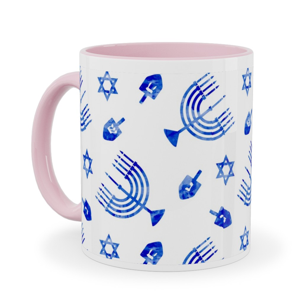 Hanukkah Watercolor Menorah, Dreidel, Star of David - Blue Ceramic Mug, Pink,  , 11oz, Blue