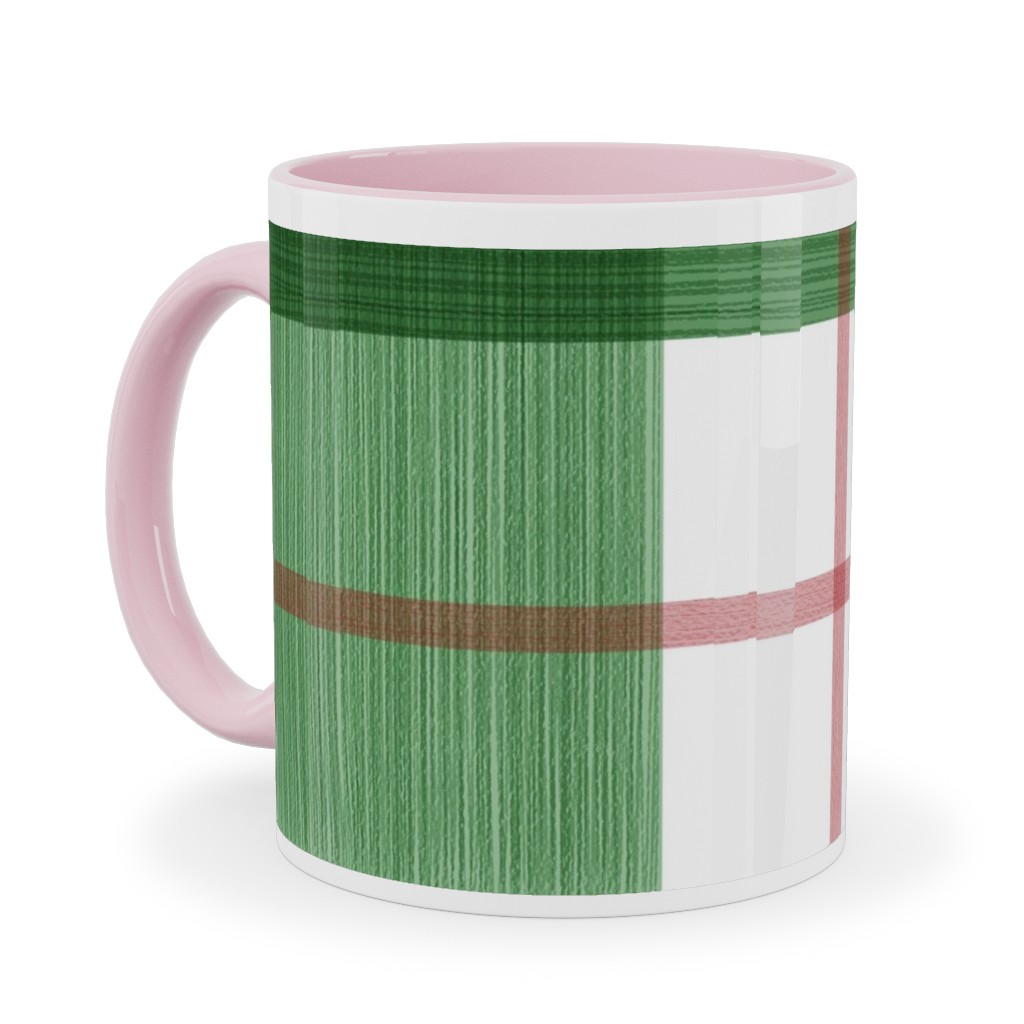 Double Plaid Ceramic Mug, Pink, , 11oz, Green, Avocado