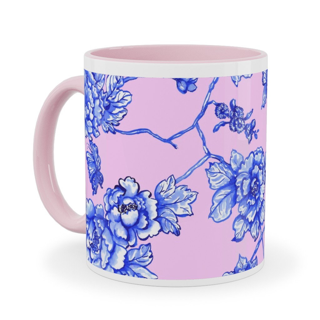 Chinoiserie Floral - Blush Ceramic Mug, Pink, , 11oz, Pink, Bright Pink