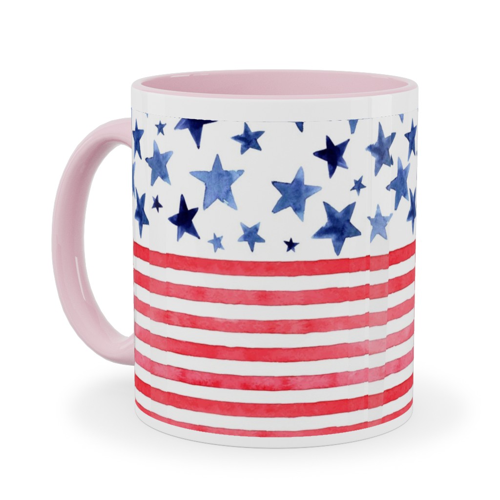 Watercolor Stars and Stripes - Red White and Blue Ceramic Mug, Pink, , 11oz, Red, Red