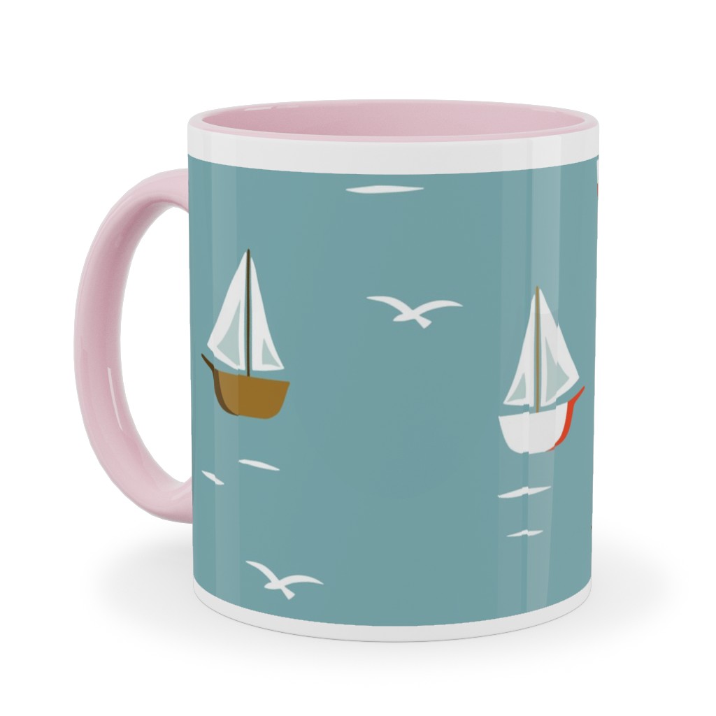 Sailboats Ceramic Mug, Pink, , 11oz, Blue, Deep Turquoise