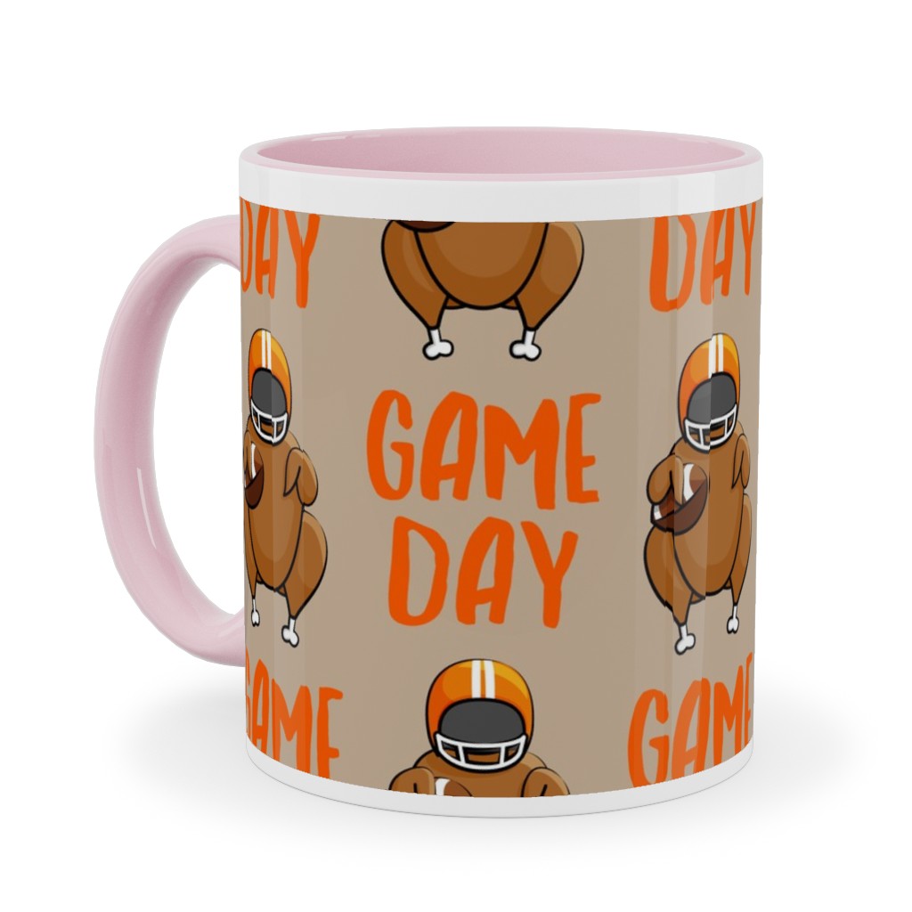 Game Day Turkey With Football - Tan Ceramic Mug, Pink,  , 11oz, Beige