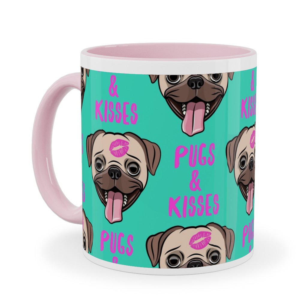 Pugs & Kisses - Cute Pug Dog - Teal Ceramic Mug, Pink,  , 11oz, Green