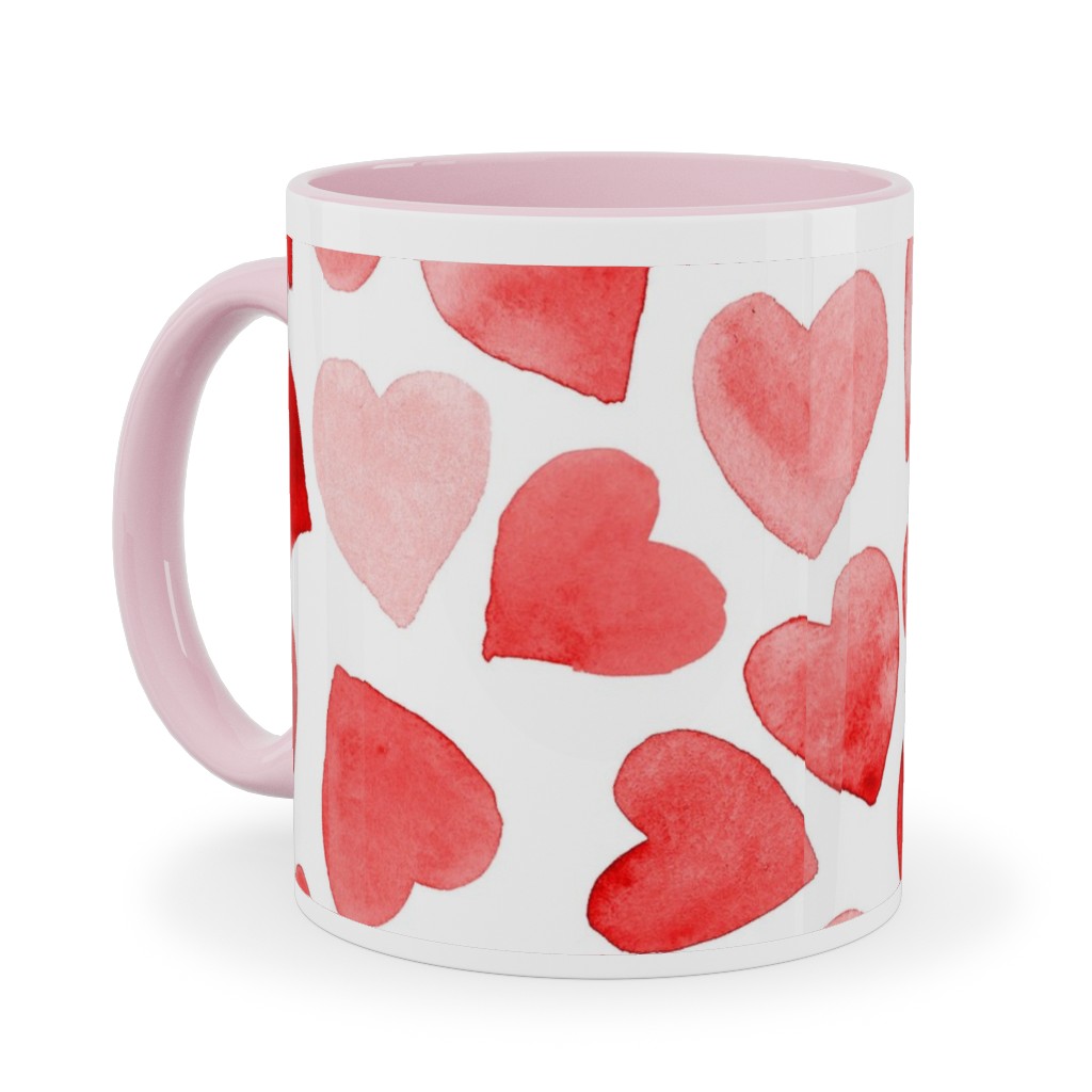 Red Hearts Watercolor - Red Ceramic Mug, Pink, , 11oz, Red, Red