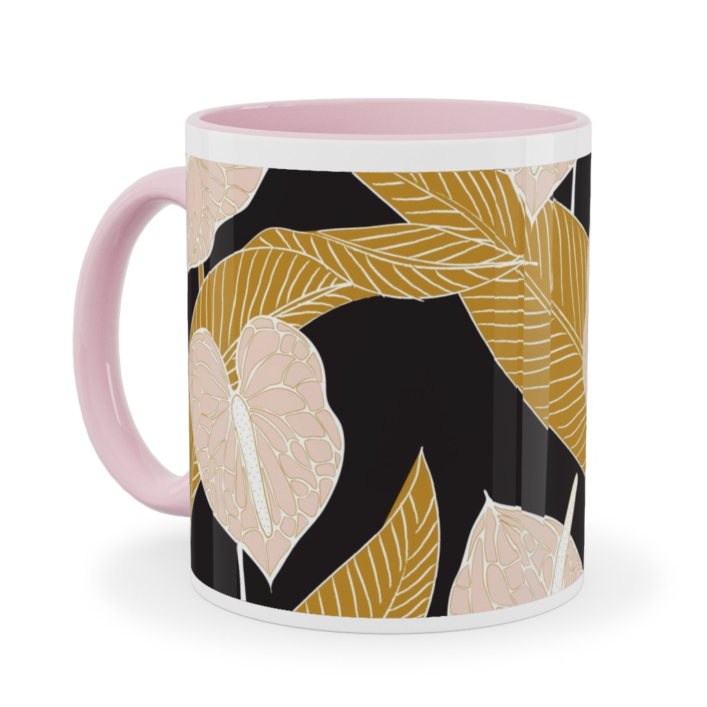 Art Nouveau Anthuriums - Black Mustard and Pale Peach Ceramic Mug, Pink, , 11oz, Multicolor