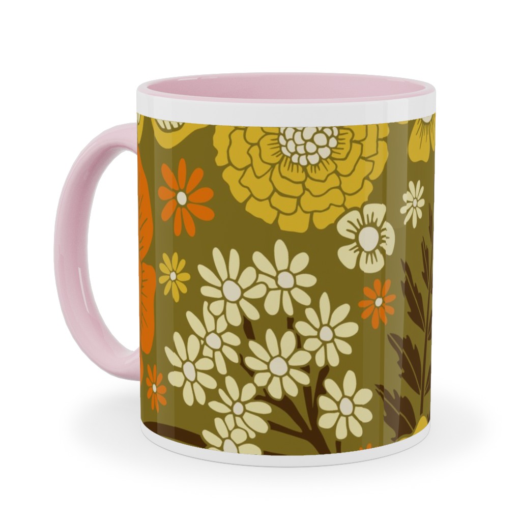 1970s Retro/Vintage Floral - Yellow and Brown Ceramic Mug, Pink, , 11oz, Yellow, Classic Yellow