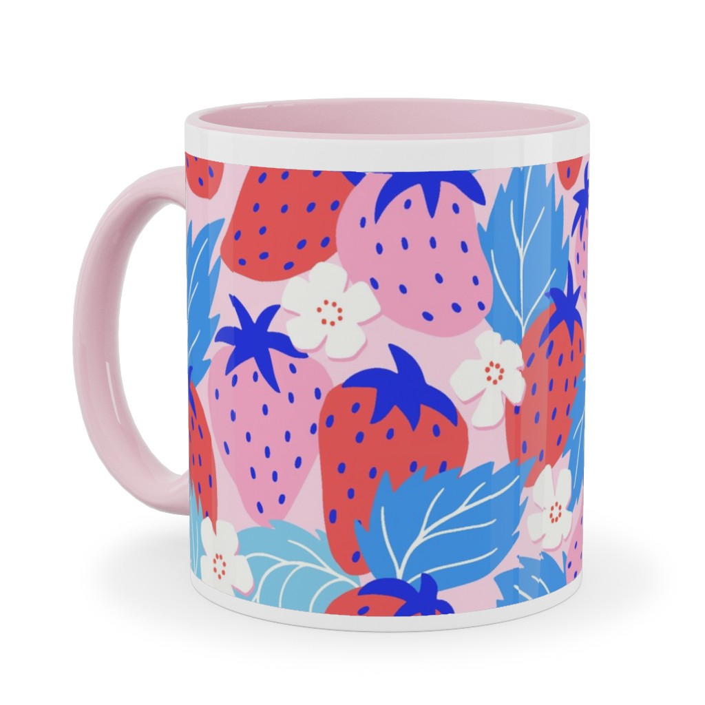 Papercut Strawberries - Blue and Pink Ceramic Mug, Pink,  , 11oz, Multicolor