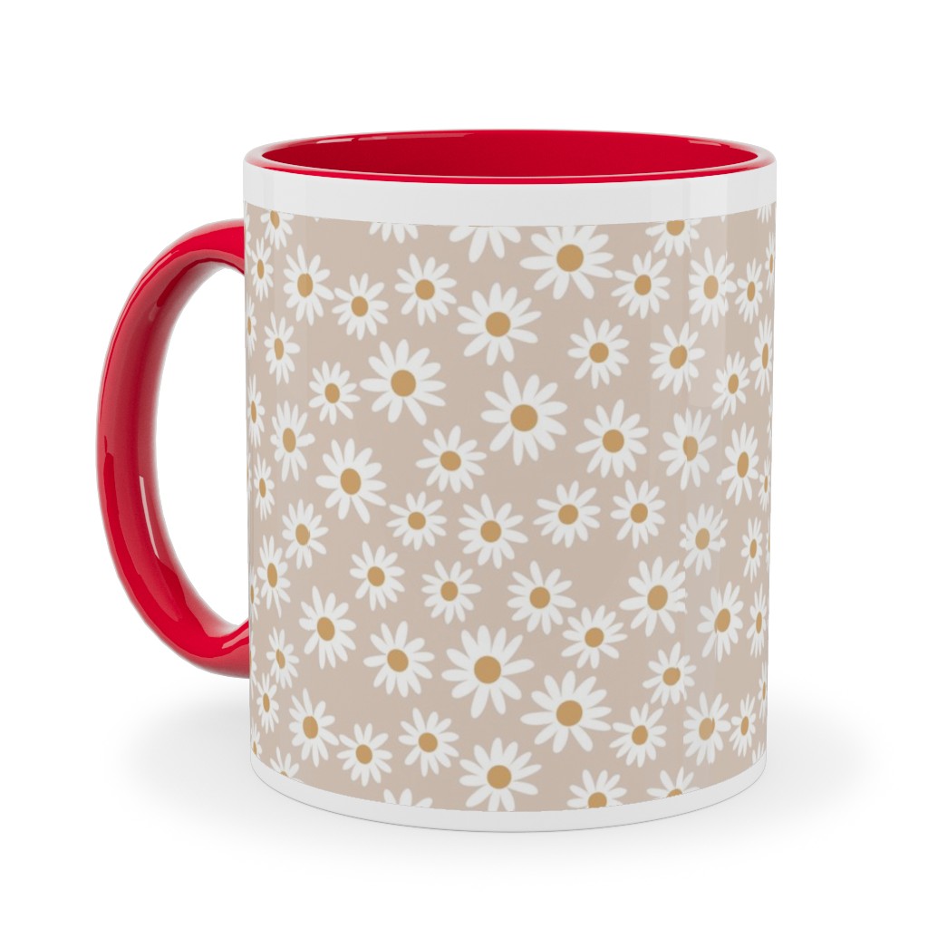 Daisy Print Ceramic Mug, Red,  , 11oz, Beige
