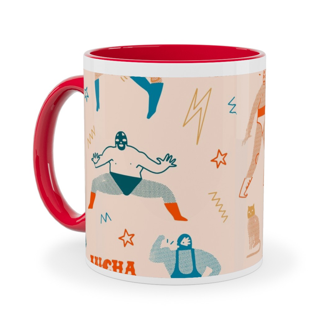Mexican Lucha Libre - Beige Ceramic Mug, Red, , 11oz, Beige, Pearl