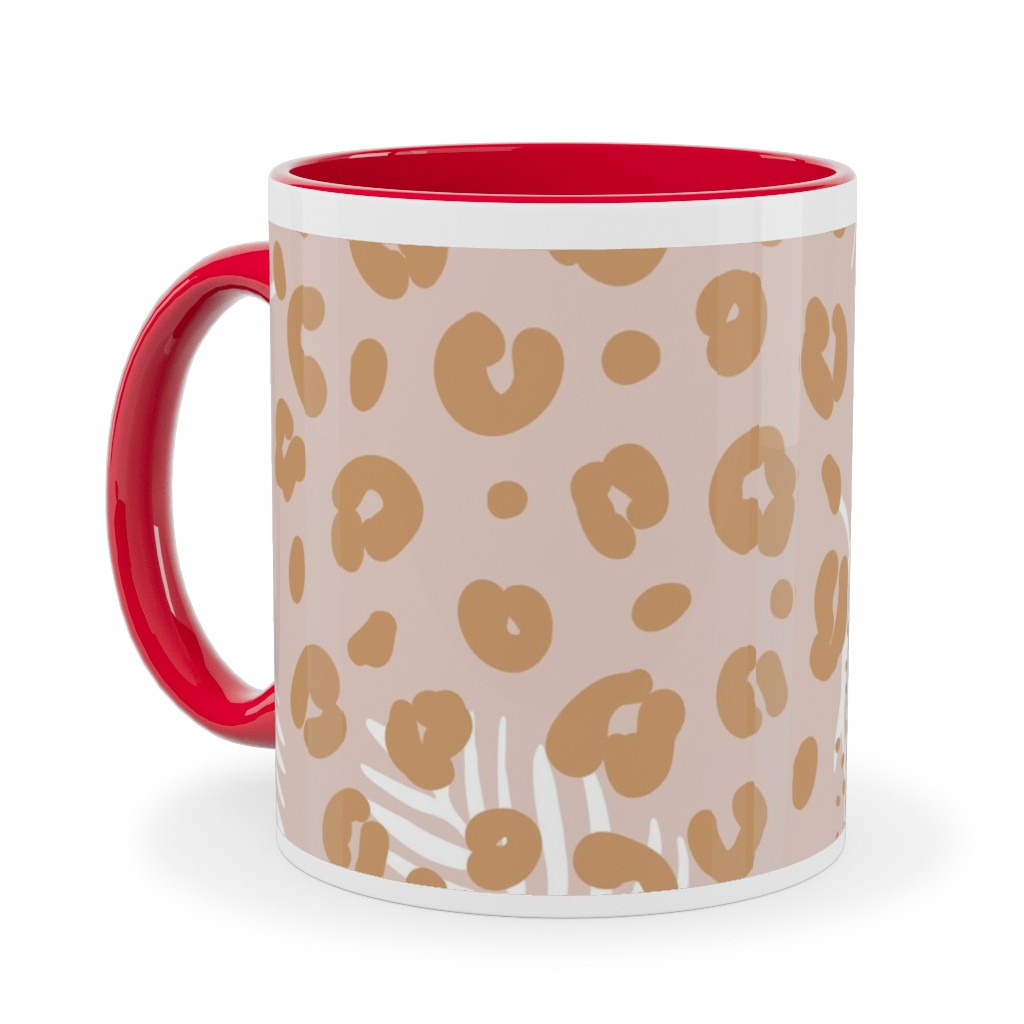 Palm Leaves and Animal Panther Spots - Beige Ceramic Mug, Red,  , 11oz, Pink