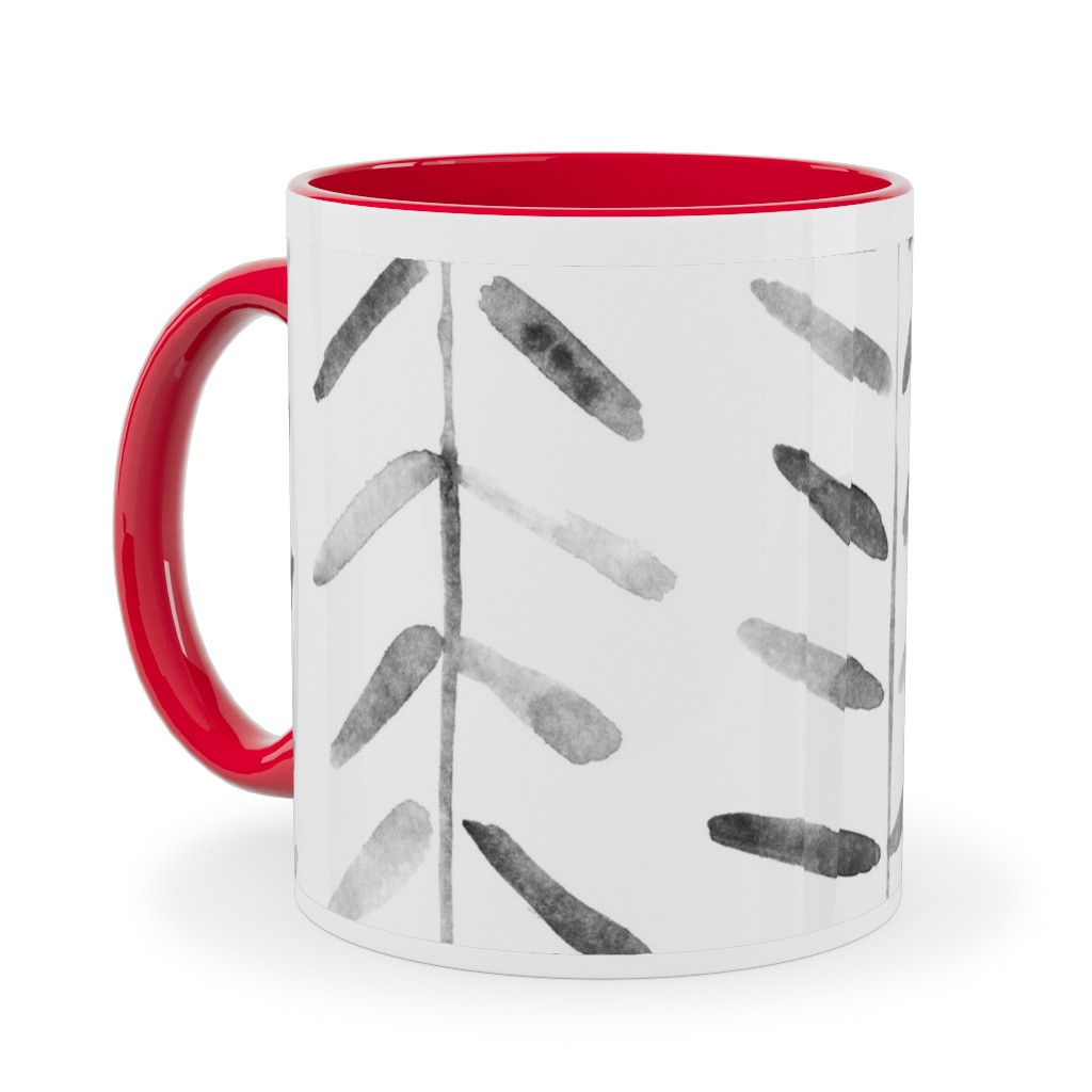Noir Watercolor Abstract Geometrical Pattern for Modern Home Decor Bedding Nursery Painted Brush Strokes Herringbone Ceramic Mug, Red, , 11oz, White, White