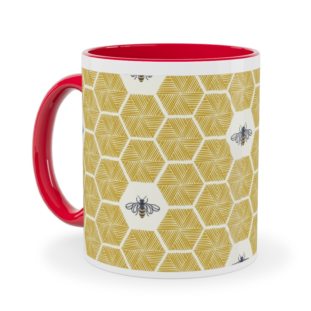 Bees Stitched Honeycomb - Gold Ceramic Mug, Red,  , 11oz, Yellow