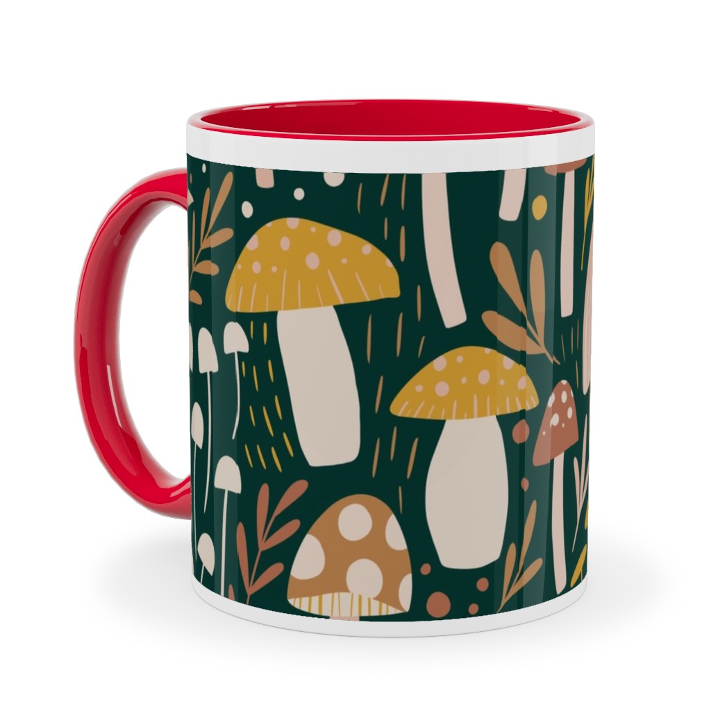 Woodland Mushroom Meadow - Green Ceramic Mug, Red, , 11oz, Green, Classic Green