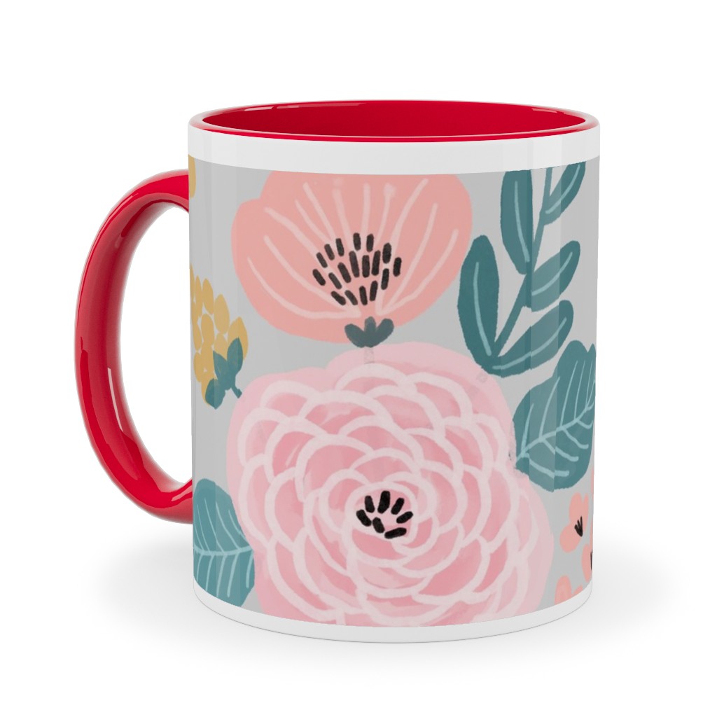 June Botanicals - Gray Ceramic Mug, Red, , 11oz, Pink, Bright Pink