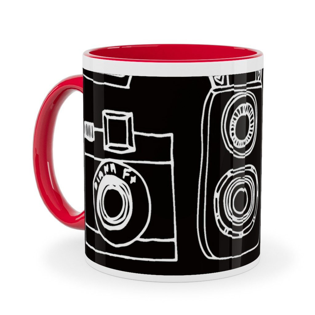 Vintage Cameras - Black and White Ceramic Mug, Red,  , 11oz, Black