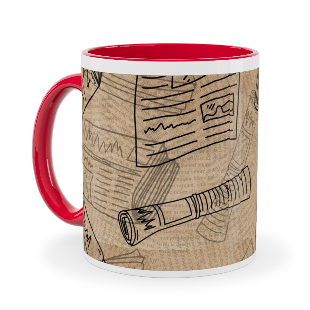 Newsprint Ceramic Mug, Red, , 11oz, Brown, Morning Latte