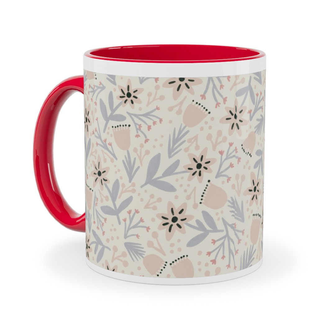Vintage Flowers - Pastel Pink Ceramic Mug, Red, , 11oz, Beige, Pearl