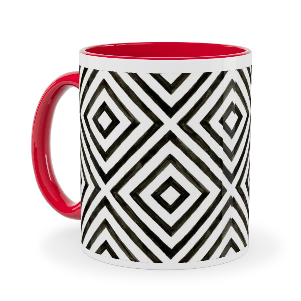 Diamond Pattern - Black and White Ceramic Mug, Red,  , 11oz, Black