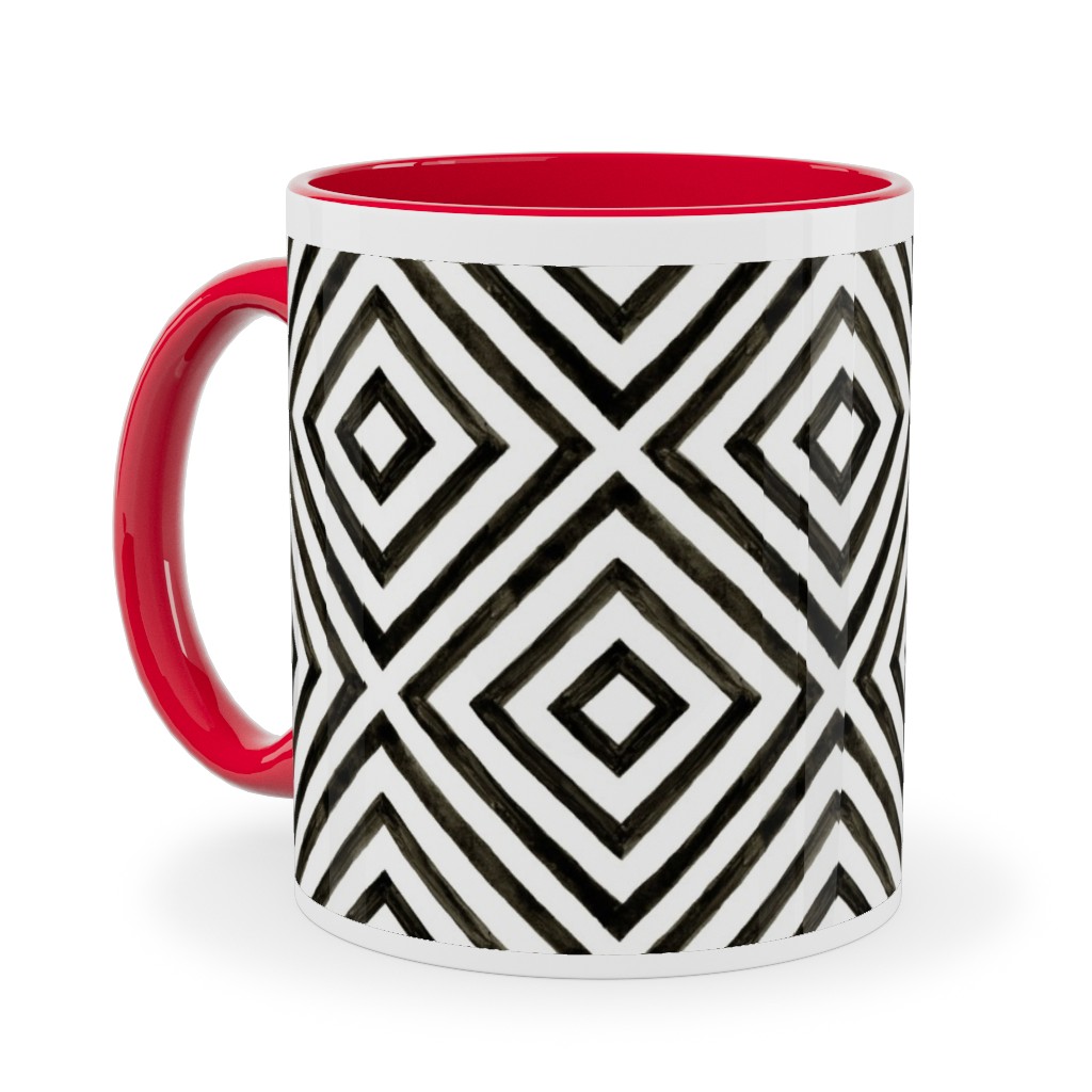 Diamond Pattern - Black and White Ceramic Mug, Red, , 11oz, Black, Black