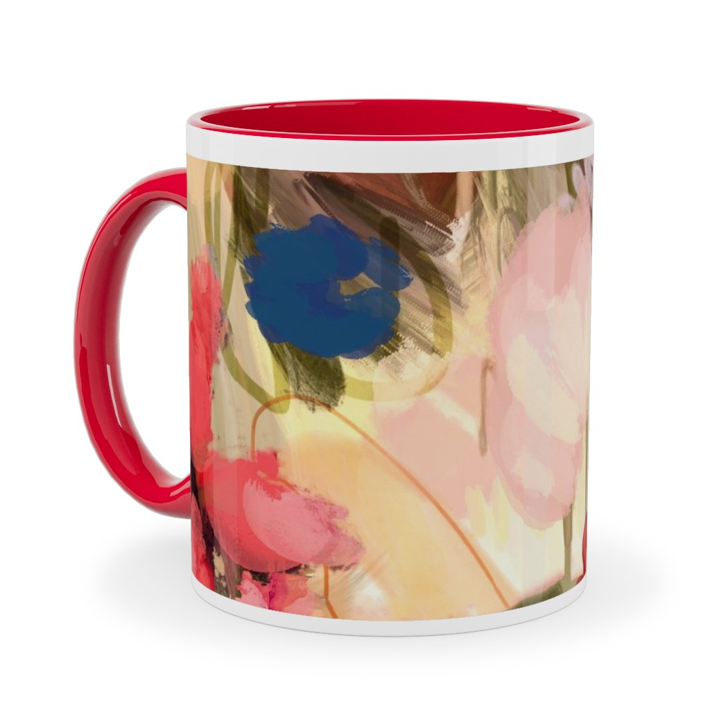 Painterly Abstract Floral Ceramic Mug, Red,  , 11oz, Pink