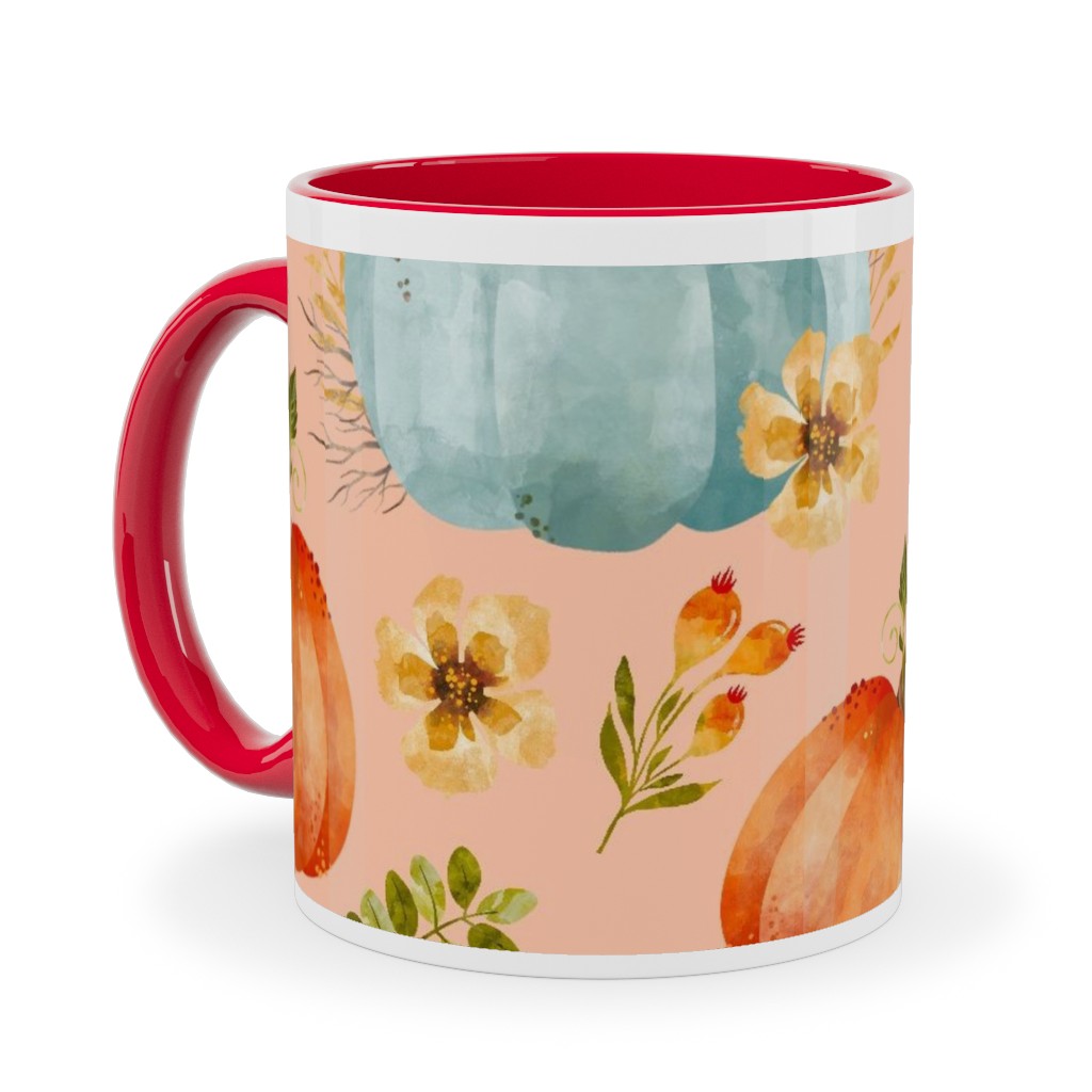 Rustic Farmhouse Pumpkins on Pale Peach Ceramic Mug, Red, , 11oz, Orange, Orange