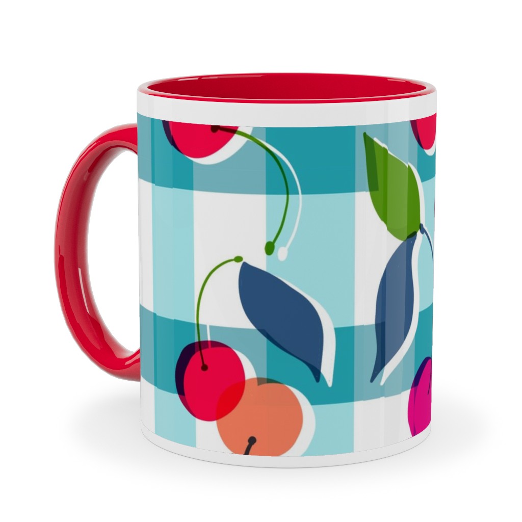 Cherry Gingham - Blue Ceramic Mug, Red,  , 11oz, Blue