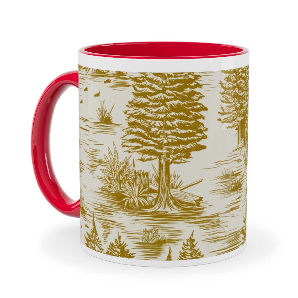 Bigfoot Sasquatch Toile De Jouy Ceramic Mug, Red, , 11oz, Yellow, Mustard