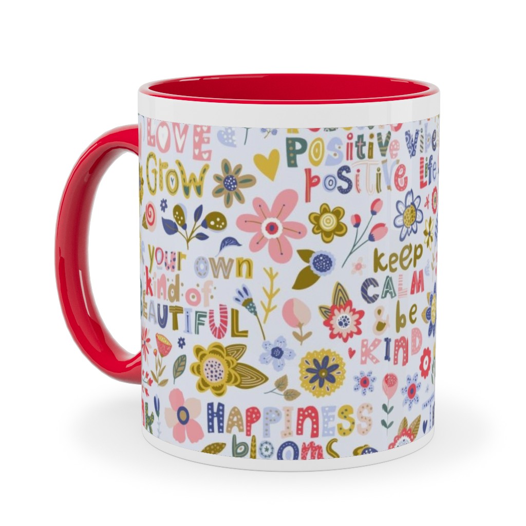 Positive Vibes - Motivational Sayings Floral - Multi Ceramic Mug, Red, , 11oz, Multicolor