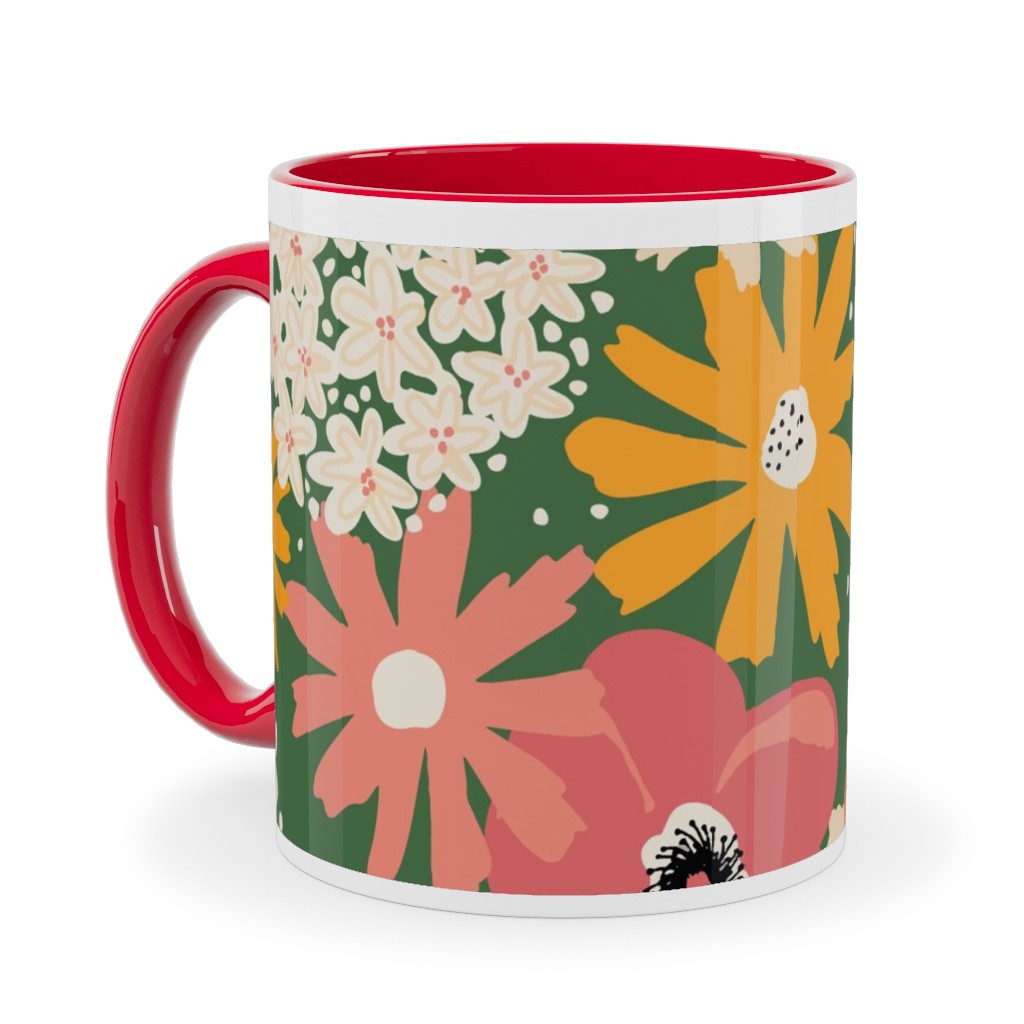 Summer Florals - Green Pink White and Orange Ceramic Mug, Red,  , 11oz, Multicolor