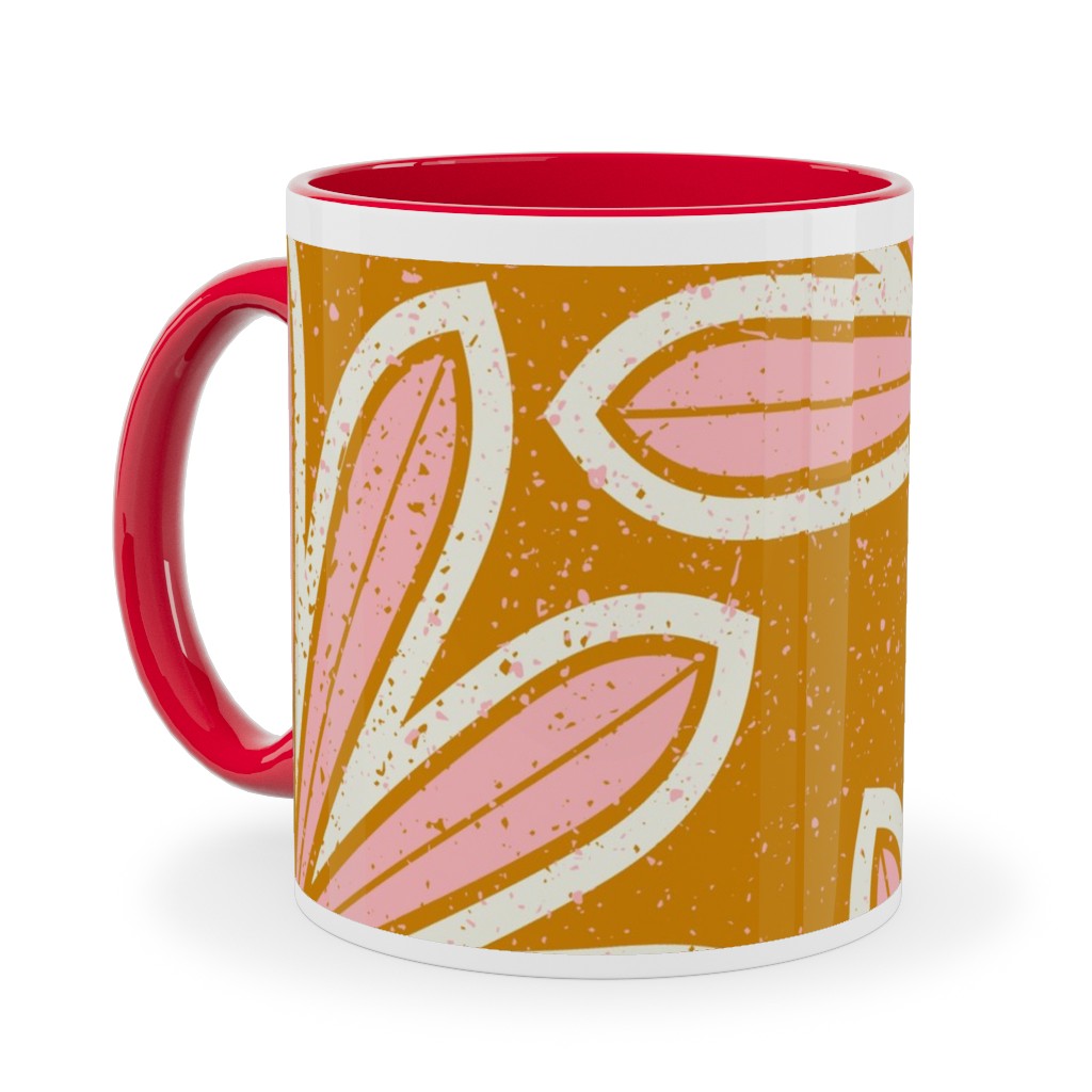 Mid Century Palm Leaf Ceramic Mug, Red, , 11oz, Pink, Bright Pink