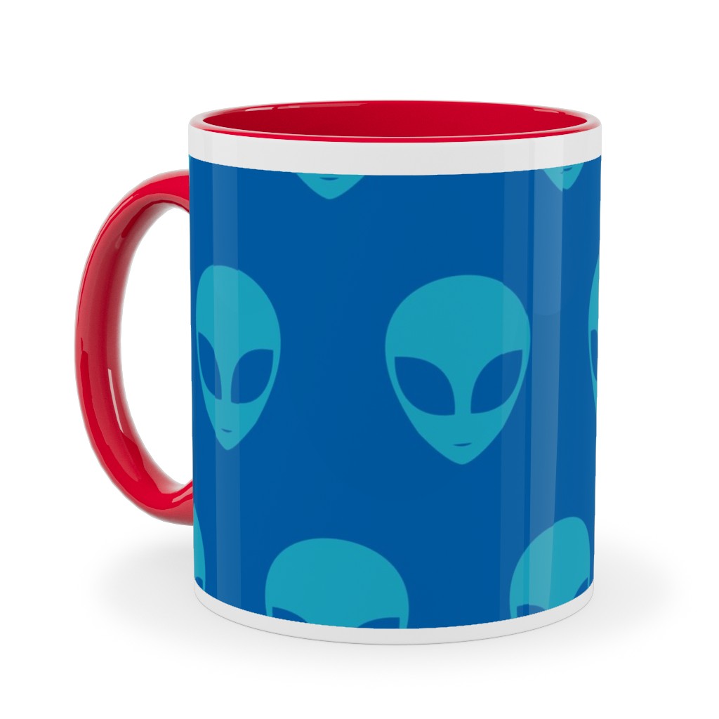 Retro Alien Heads Ceramic Mug, Red,  , 11oz, Blue