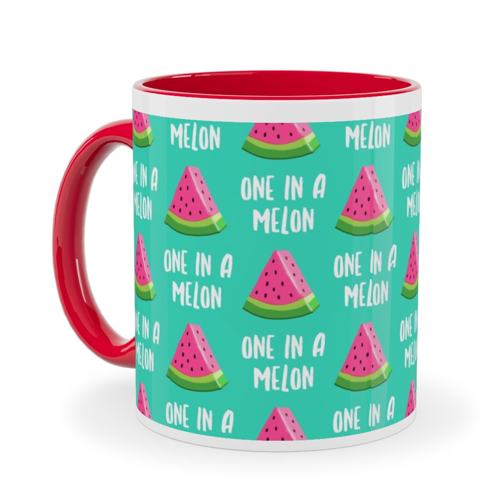 One in a Melon - Watermelon - Pink on Teal Ceramic Mug, Red, , 11oz, Green, Classic Green