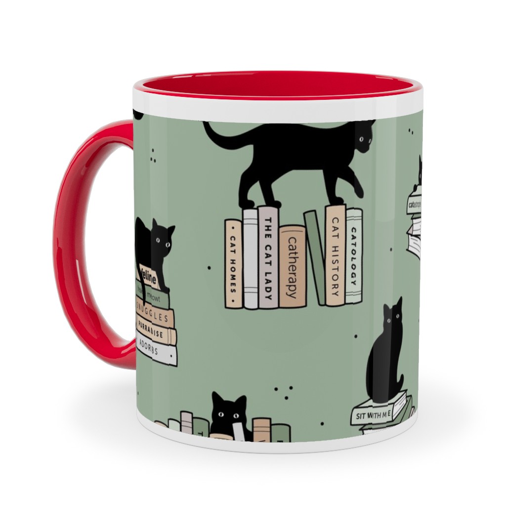 Cats and Books Ceramic Mug, Red, , 11oz, Green, Mantis