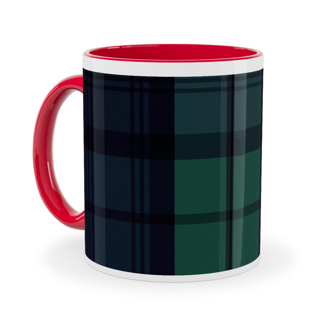 Dark Green Plaid Ceramic Mug, Red, , 11oz, Green, Classic Green