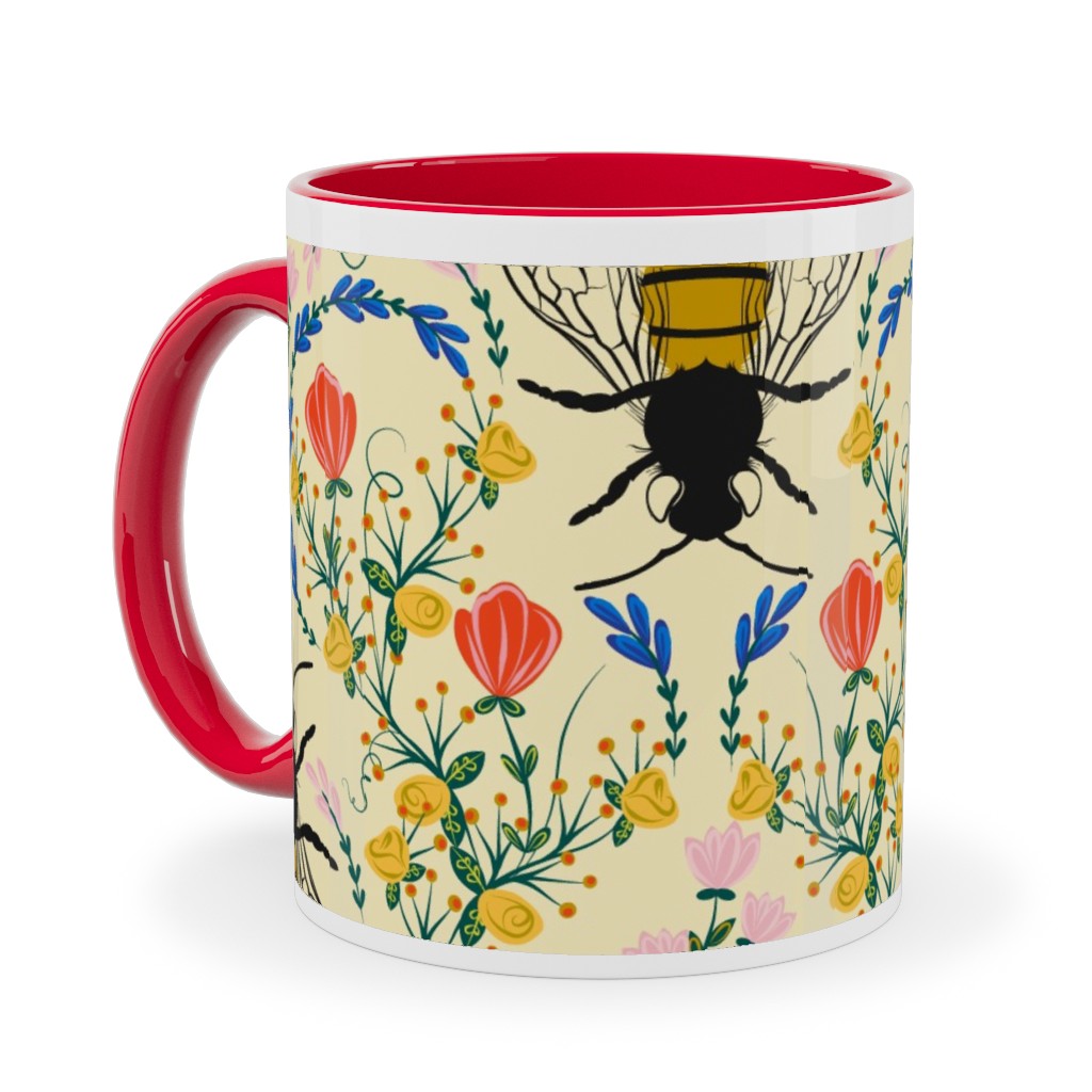 Bee Garden - Multi on Cream Ceramic Mug, Red, , 11oz, Yellow, Classic Yellow