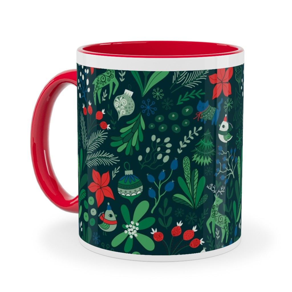 Merry Christmas Floral - Dark Ceramic Mug, Red,  , 11oz, Green