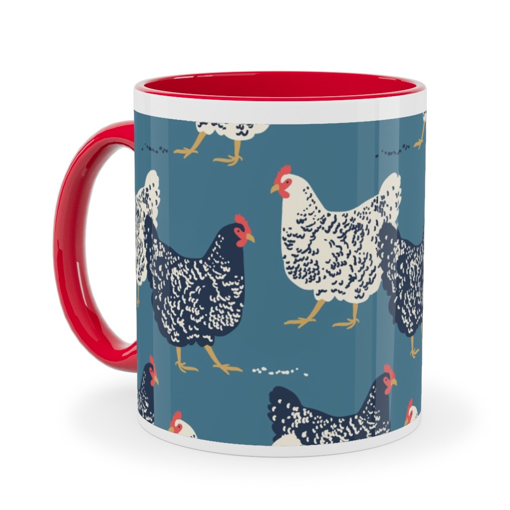 Farmhouse Chickens - Blue Ceramic Mug, Red,  , 11oz, Blue