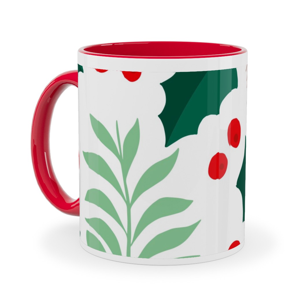 Botanical Christmas Garden Pine Leaves Holly Branch Berries - Green and Red Ceramic Mug, Red, , 11oz, Green, Classic Green