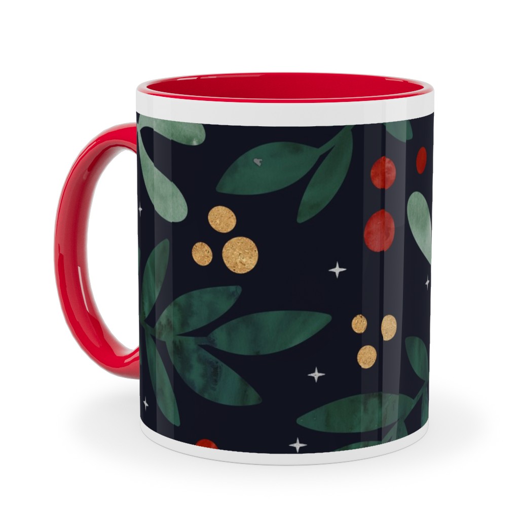 Christmas Berries - Dark Ceramic Mug, Red,  , 11oz, Green