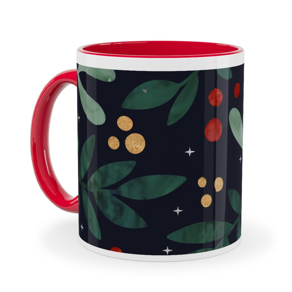 Christmas Berries - Dark Ceramic Mug, Red, , 11oz, Green, Classic Green