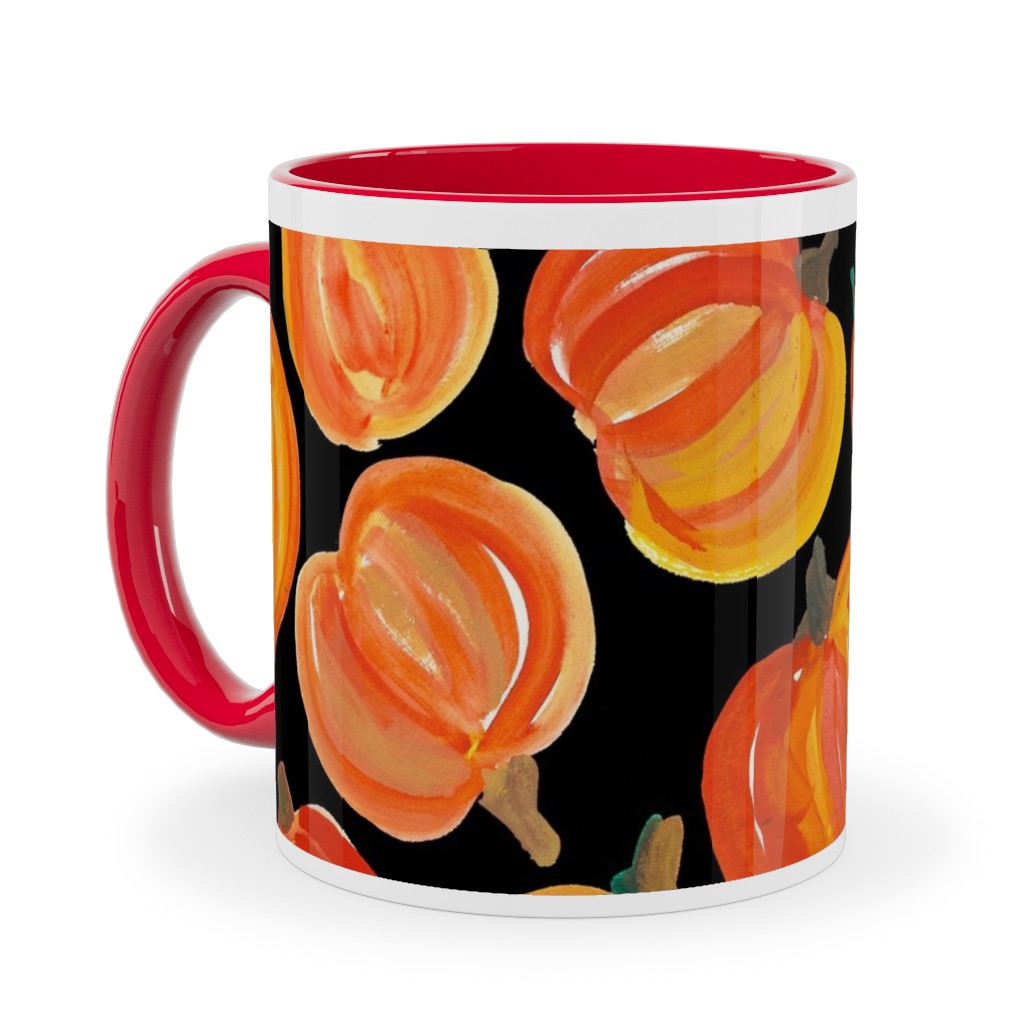 Watercolor Pumpkins - Black Ceramic Mug, Red, , 11oz, Orange, Orange