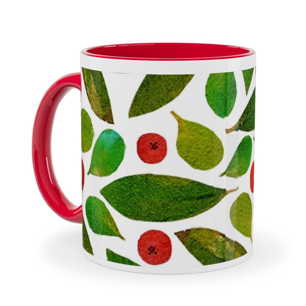 Holiday Greens and Berries Ceramic Mug, Red, , 11oz, Green, Classic Green