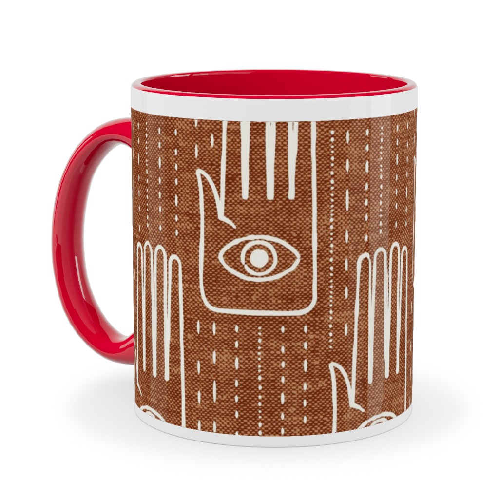 Adorned Palm Hands on Woven Ginger Ceramic Mug, Red, , 11oz, Orange, Orange