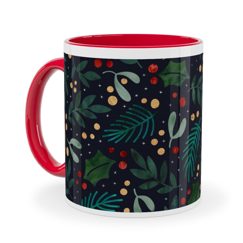 Christmas Florals - Dark Green Ceramic Mug, Red, , 11oz, Green, Classic Green