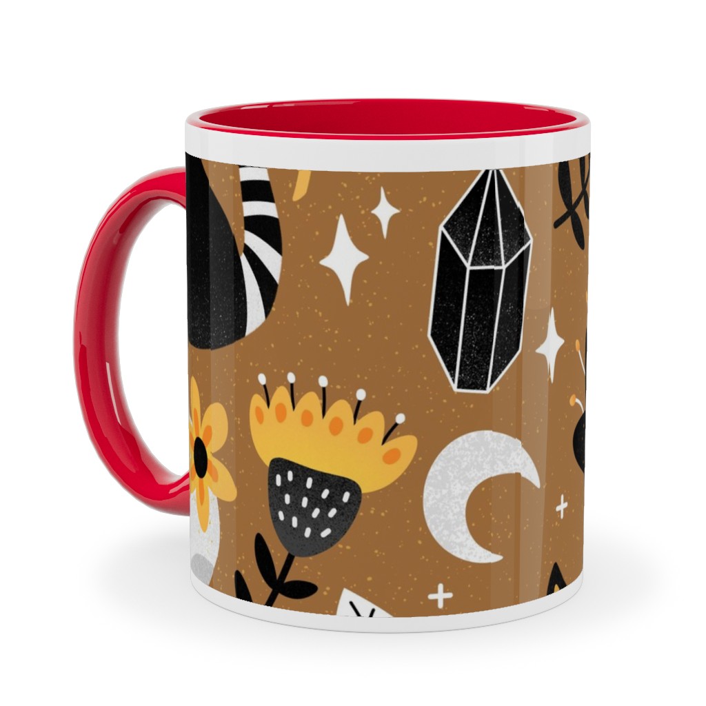 Black Cat & Floral Skull Ceramic Mug, Red, , 11oz, Brown, Brown