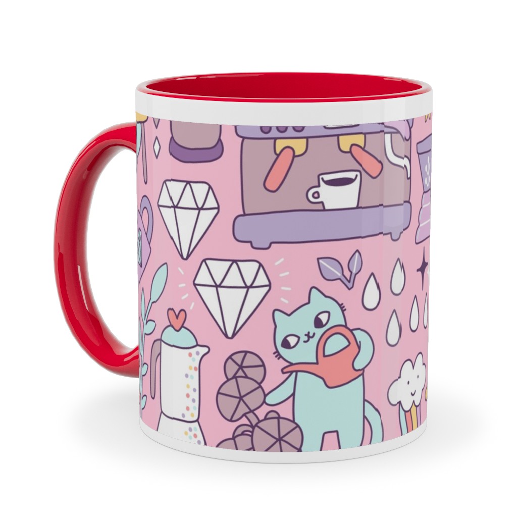 Cute Cats - Multicolor Pastel Ceramic Mug, Red,  , 11oz, Pink