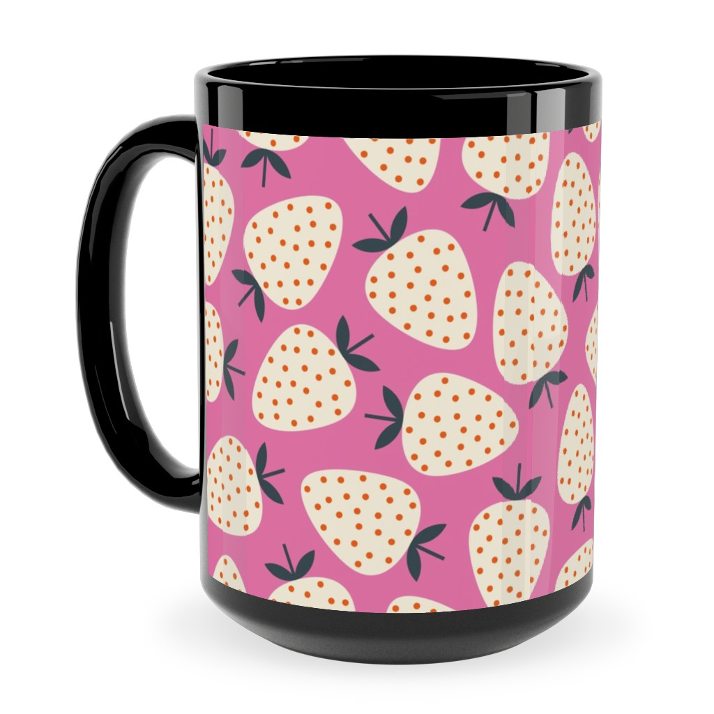 Strawberries - Cream on Pink Ceramic Mug, Black, , 15oz, Pink, Bright Pink